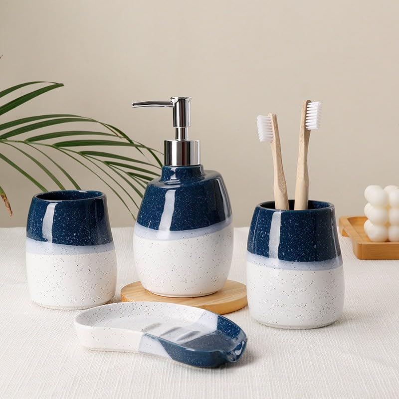 Ceramic Bathroom Accessories Set of 4 Gradient White and Blue Washing Set | Includes 2 Gargle Cups, 1 Soap Dish, 1 Lotion Dispenser, Ideal For Home Decor And Gift