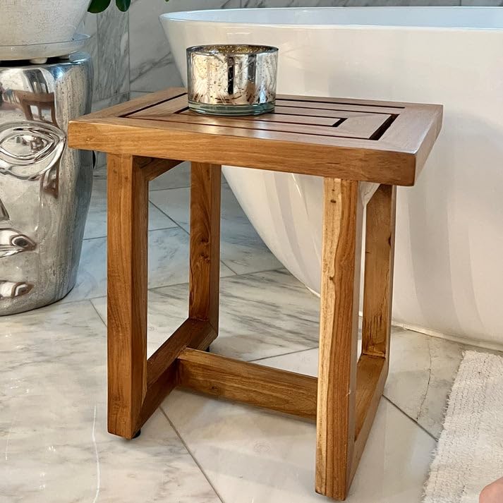 Teak Shower Bench - Teak Shower Seat - Wood Bathroom Stool (Serenity) - color: Natural, size: Medium