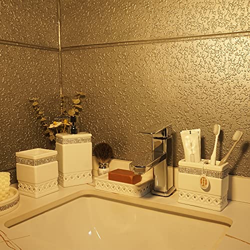 Bathroom Accessories Set 4 Pcs-Ceramic Gift Set Soap Dispenser Pump & Toothbrush Holder & Tumbler Cup & Soap Dish - Bathroom Home Decor Clearance, Countertop Vanity Organize (15 Ounce) - size: 15 Ounce White