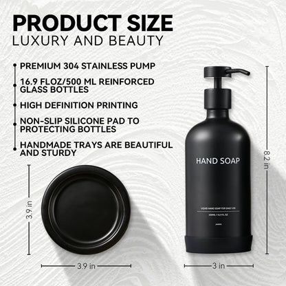 Glass Soap Dispenser Bathroom Set by Janxin, Foaming Kitchen soap Dispenser with Ceramic Tray for Dish Soap, Liquid Soap Dispenser for Hand Soap, Lotion, Body Wash (Black) - color: Black H
