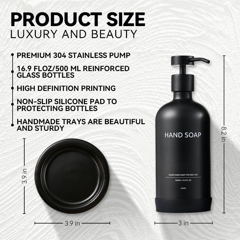 Glass Soap Dispenser Bathroom Set by Janxin, Foaming Kitchen soap Dispenser with Ceramic Tray for Dish Soap, Liquid Soap Dispenser for Hand Soap, Lotion, Body Wash (Black) - color: Black H