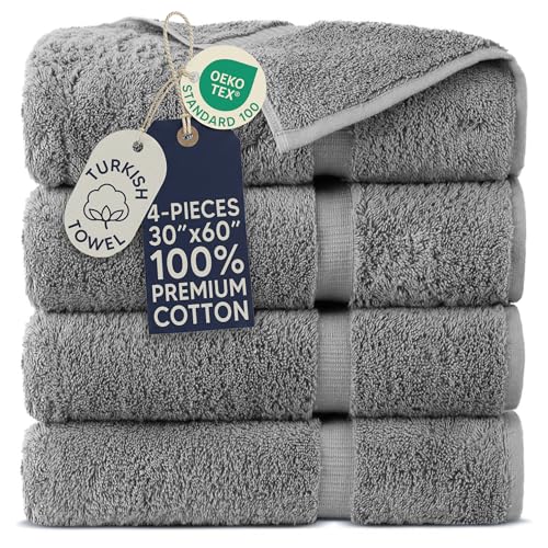 Towel Bazaar 4-Piece Extra Large Bath Towel Set, 100% Premium Cotton Turkish Towels, 30x60 Luxury Towel Super Soft and Absorbent, Perfect Use for Bathroom, Shower Towels - Gray - color: Gray