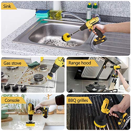 HIWARE Drill Brush Attachment Set, Yellow, Plastic Handle, 3 Sized Brush Heads for Cleaning Bathtub, Shower, Floor, Carpet, Kitchen, Bathroom, and More