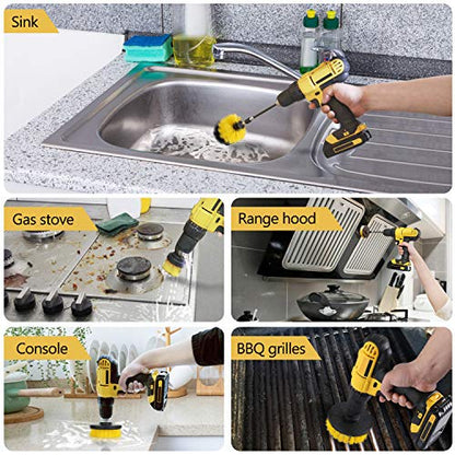 HIWARE Drill Brush Attachment Set, Yellow, Plastic Handle, 3 Sized Brush Heads for Cleaning Bathtub, Shower, Floor, Carpet, Kitchen, Bathroom, and More