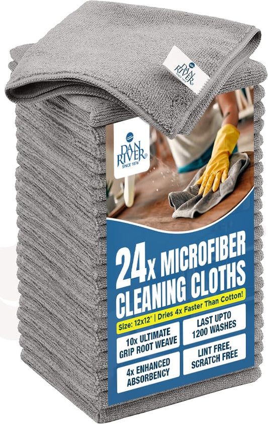 DAN RIVER 24-Pack Gray Microfiber Towels – Ultra Absorbent, Lint-Free & Streak-Free Cleaning Cloths for House, Car & Kitchen - Must-Have Cleaning Essentials - 12" x 12" - color: Gray, size: Microfiber 24 Pack