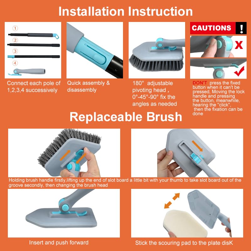 Long Handled Scrub Brush for Shower,3-in-1 Cleaning Brushes with 3 Different Function Cleaning Heads Brush for Shower Cleaning Bathroom Kitchen Walls Tub Tile (Grey) - color: Gray