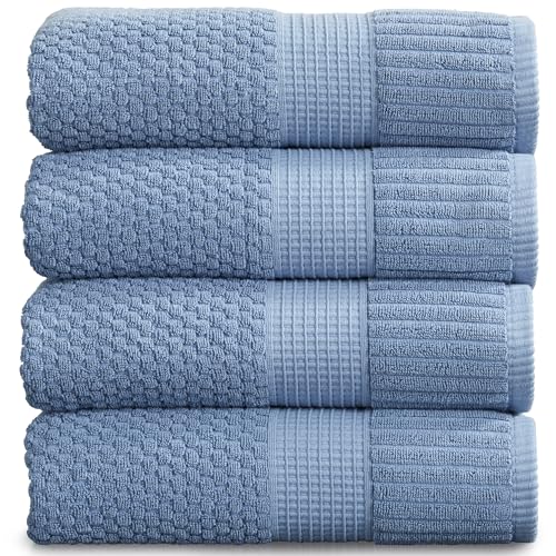 NY Loft 100% Cotton 4-Pack Bath Towel Set | Blue | Oeko-TEX | Quick-Dry | Four 30" x 52" Bath Towels | Super Absorbent | Designer-Styled Texture - color: Blue Shadow, size: Bath Towel (4 Pack)