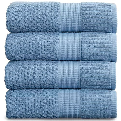 NY Loft 100% Cotton 4-Pack Bath Towel Set | Blue | Oeko-TEX | Quick-Dry | Four 30" x 52" Bath Towels | Super Absorbent | Designer-Styled Texture - color: Blue Shadow, size: Bath Towel (4 Pack)