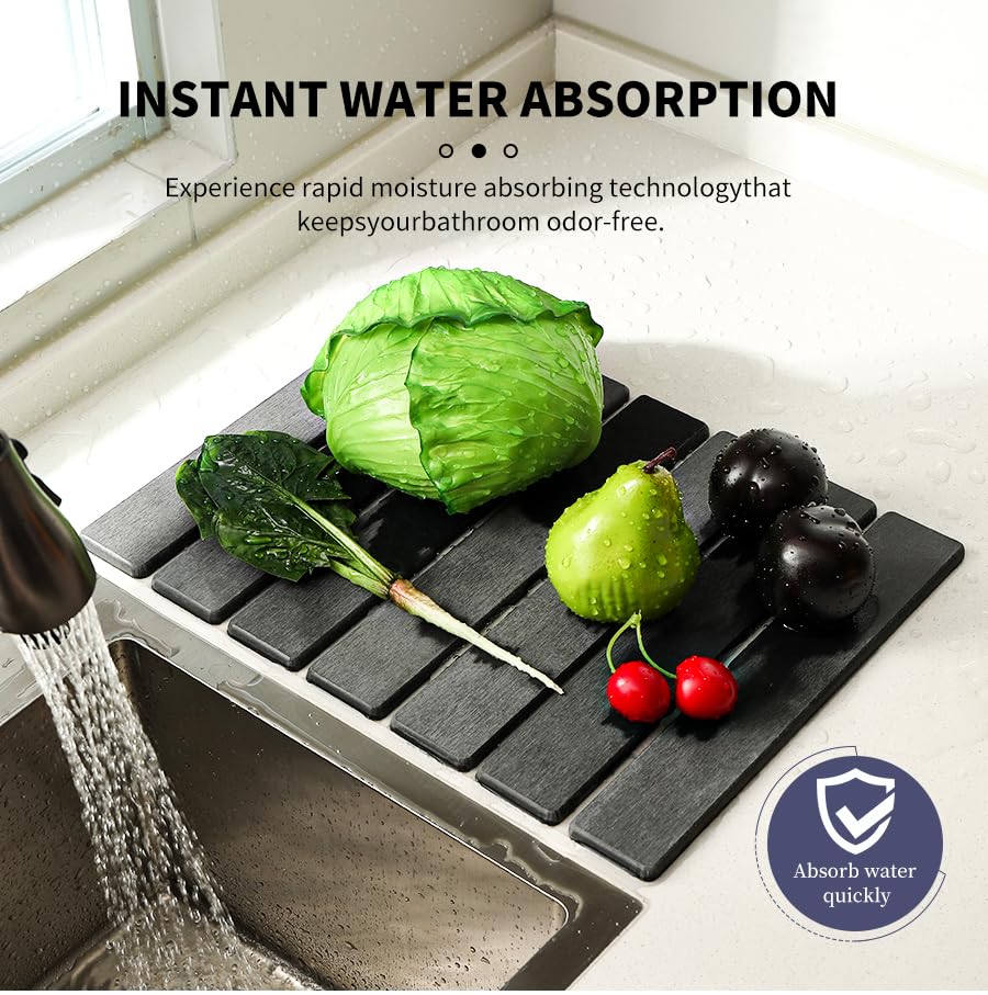 LILILI Stone Dish Drying Mat for Kitchen Counter, Foldable Fast Absorbent Diatomaceous Earth Drying Pad, Non-Slip Kitchen Counter Mat for Dishes, Utensils, Space-Saving, Quick Dry,16" x 12"