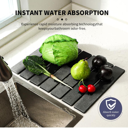 LILILI Stone Dish Drying Mat for Kitchen Counter, Foldable Fast Absorbent Diatomaceous Earth Drying Pad, Non-Slip Kitchen Counter Mat for Dishes, Utensils, Space-Saving, Quick Dry,16" x 12"