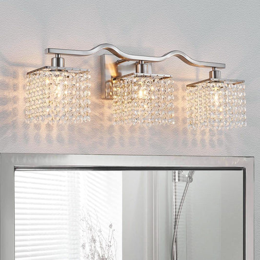 WUZUPS 3-Light Bathroom Light Fixture Morden Vanity Wall Sconces Light Clear Crystal Drop for Bedroom Living Room, E12 Base, Nickel - color: Nickel