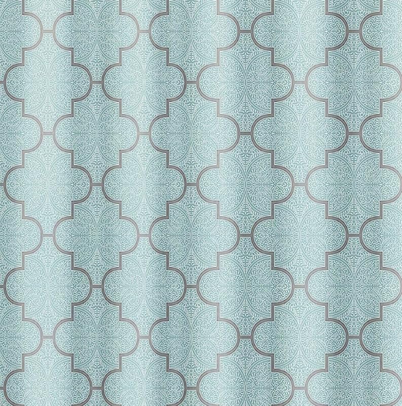 Serafina Home Geometric Aqua Fabric Shower Curtain, Blue Grey Damask Moroccan Design, 70x72 Inch, with 12 Rollerball Hooks - color: Portman Geo