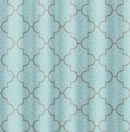 Serafina Home Geometric Aqua Fabric Shower Curtain, Blue Grey Damask Moroccan Design, 70x72 Inch, with 12 Rollerball Hooks - color: Portman Geo