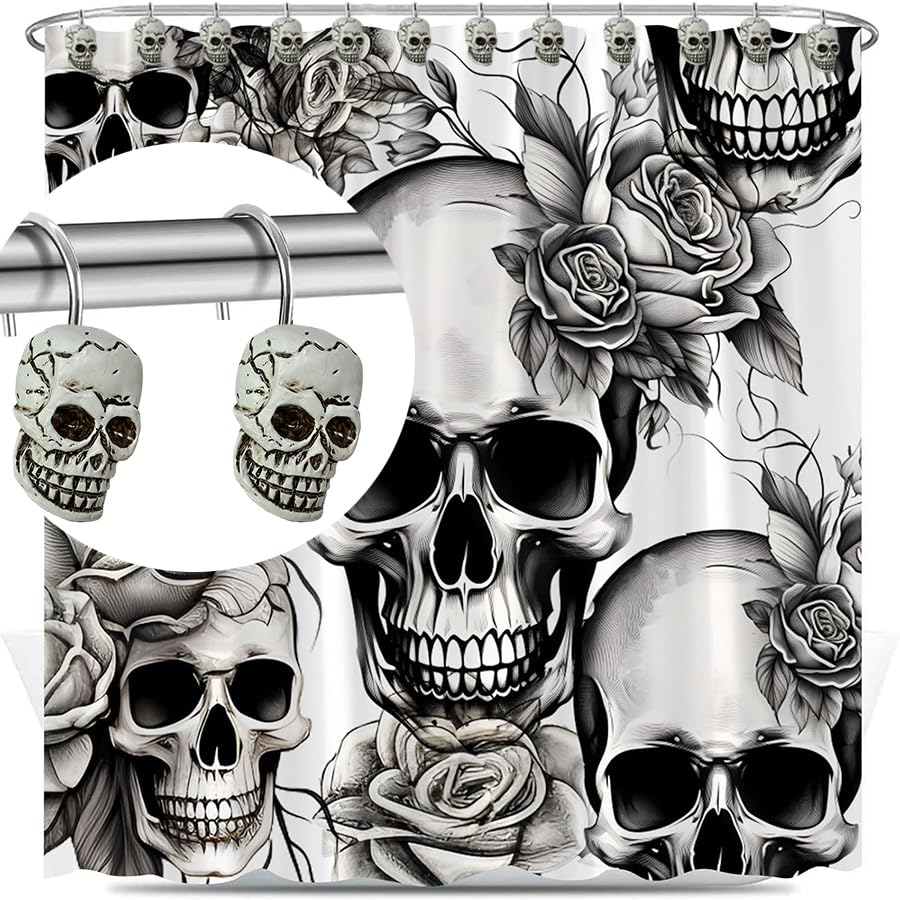Decorative Shower Curtain Hooks, 12pcs Skull Resin Art Deco Rust Resistant Hooks Glide Shower Ring Hangs Holder Bling for Bathroom Baby Living Room Nursery Halloween Decoration