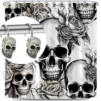Decorative Shower Curtain Hooks, 12pcs Skull Resin Art Deco Rust Resistant Hooks Glide Shower Ring Hangs Holder Bling for Bathroom Baby Living Room Nursery Halloween Decoration