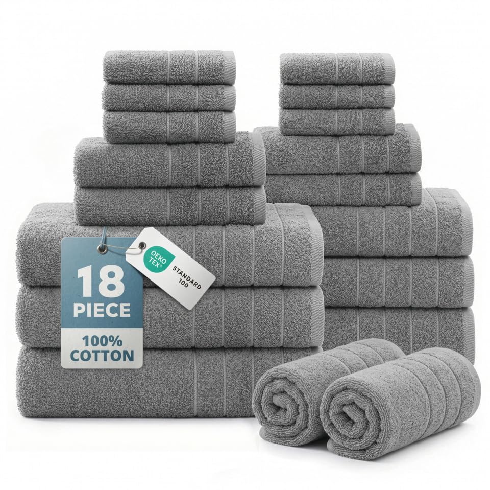 Casa Platino Cotton Towels Set for Bathroom - 18 Pc Family Pack - Super Soft & Quick Dry - 6 Bath, 6 Washcloth, 6 Hand Towels - Oeko TEX Certified, Machine Washable & Durable - Cool Grey - color: 01: Cool Grey, size: 18 Piece Towel Set