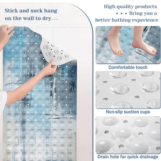 Bath Tub Mat Non Slip, Abstract Non Slip Bath Mat for Shower, Large Washable Shower mats for Showers with Drain Holes and Suction Cups,40 X 16 Inch (Blue Watercolor) - color: Blue Watercolor