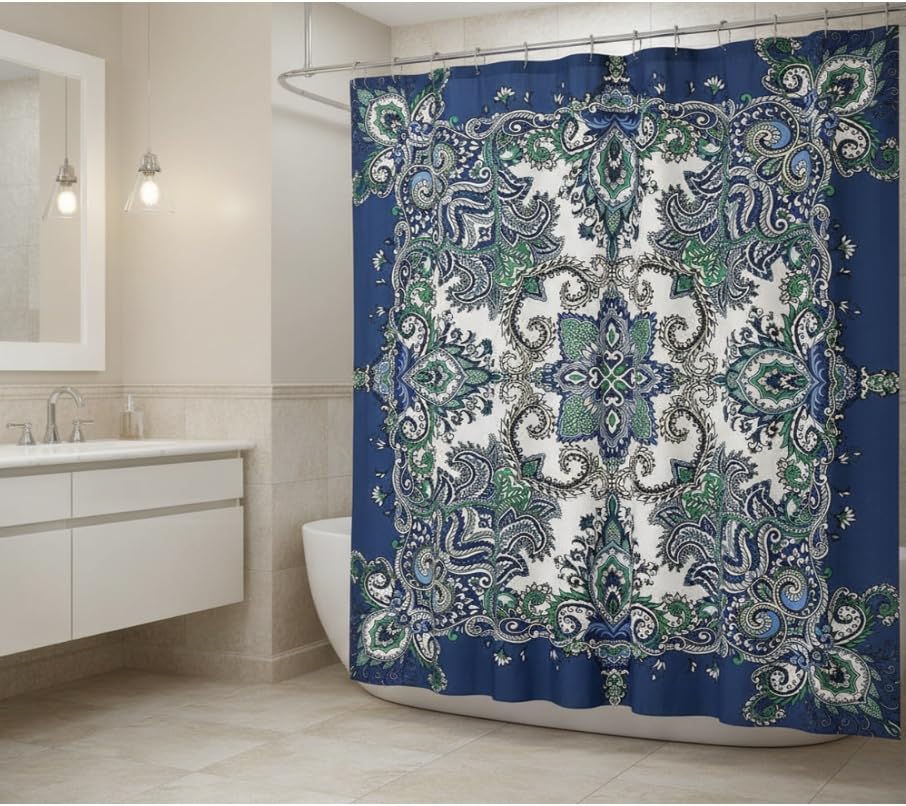 Boho Shower Curtain, Navy Teal White Mandala Floral Design, Fabric, 72 x 72 inches, Stain-Resistant, Paisley Pattern, with Hooks - color: Blue