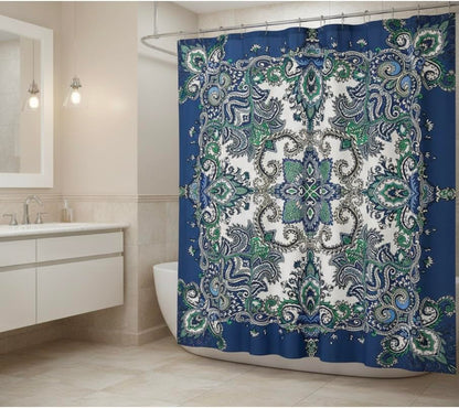 Boho Shower Curtain, Navy Teal White Mandala Floral Design, Fabric, 72 x 72 inches, Stain-Resistant, Paisley Pattern, with Hooks - color: Blue