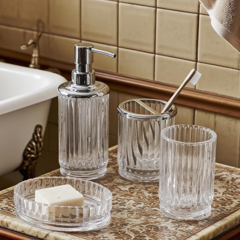 4-Piece Glass Bathroom Accessories Set, Clear Crystal Ribbed Design, Soap Dispenser, Toothbrush Holder, Tumbler, Soap Dish