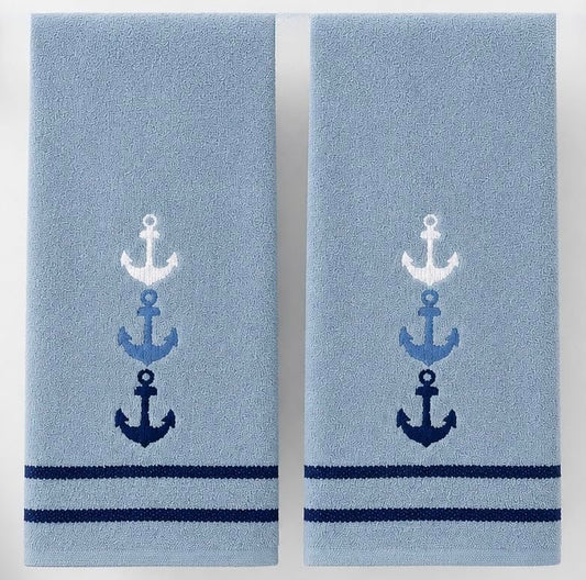 Serafina Home Coastal Nautical Bathroom Fingertip Towels - Set of 2 100% Cotton Light Blue Embroidered Trio of Anchors Design- 18 x 12 Summer Bath & Kitchen Décor - color: Anchor Trio