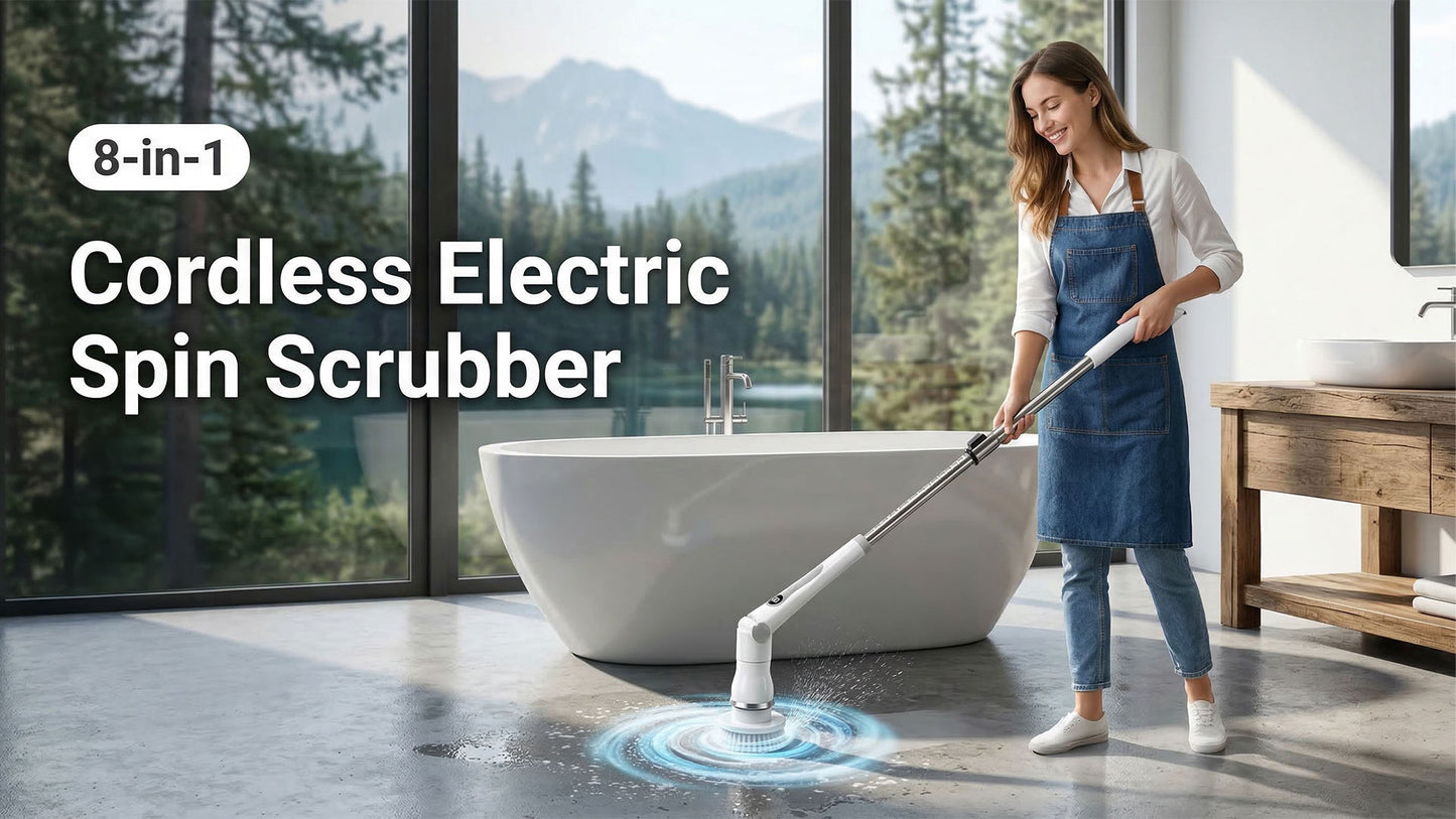 Electric Spin Scrubber, Cordless Shower Scrubber with 8 Replaceable Brush Heads, Adjustable Long Handle Bathroom Scrubber, 3 Speeds LED Display, IPX7 Waterproof Cleaning Brush for Bathtub Tile Floor